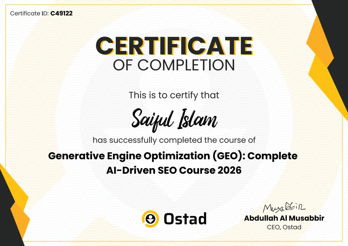 Ostad certificate of completion for the Generative Engine Optimization (GEO) course, awarded to Saiful Islam